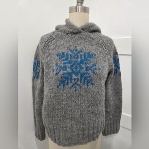 American Eagle Outfitters Gray Hand Knit Hooded Sweater Blue Snowflake Design XL
